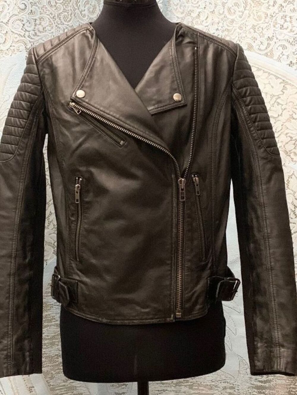 Women's Treasure and Bond Leather Jacket Black Motorcycle Quilted Sleeves